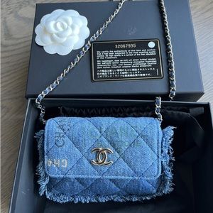 Chanel Denim Fringe Card Case Wallet on Chain Brand New